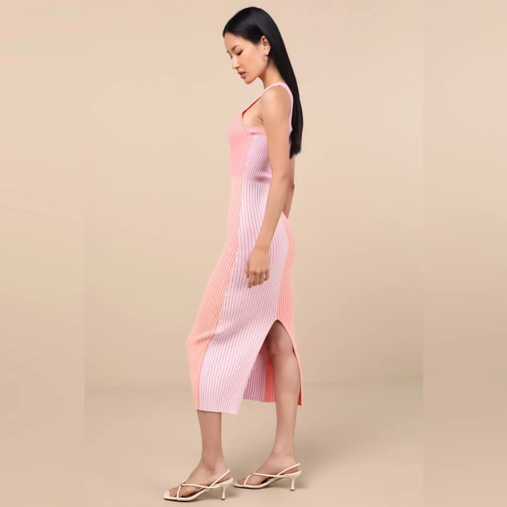 Lulus Radiant Personality Pink Color Block Ribbed Knit Midi
Dress - Image 4