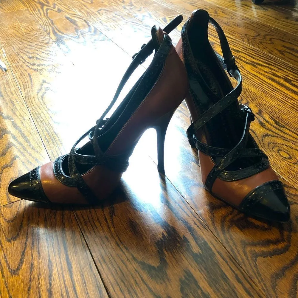 TORY BURCH Judith Brown and Black Leather Strappy Stiletto Heels Sz 9m - Image 2