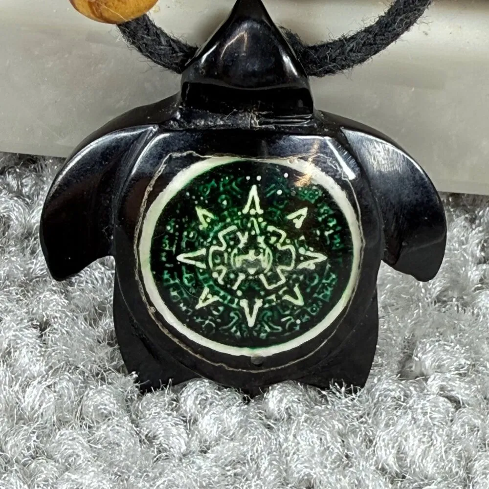 Black and Green Turtle Pendant Necklace on Cord Wooden Bead Accents One Size - Image 7