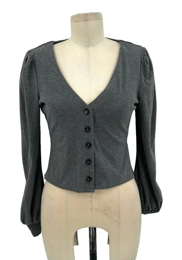 Privacy Please x Revolve Gray Puff Sleeve Cotton Cardigan Sweater Size Small - Image 1