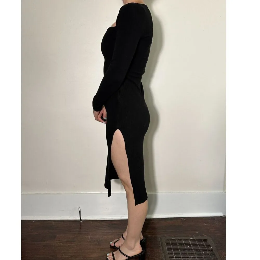 Lovers and Friends Black Midi Sweater Dress with Side Slit Size Small - Image 3