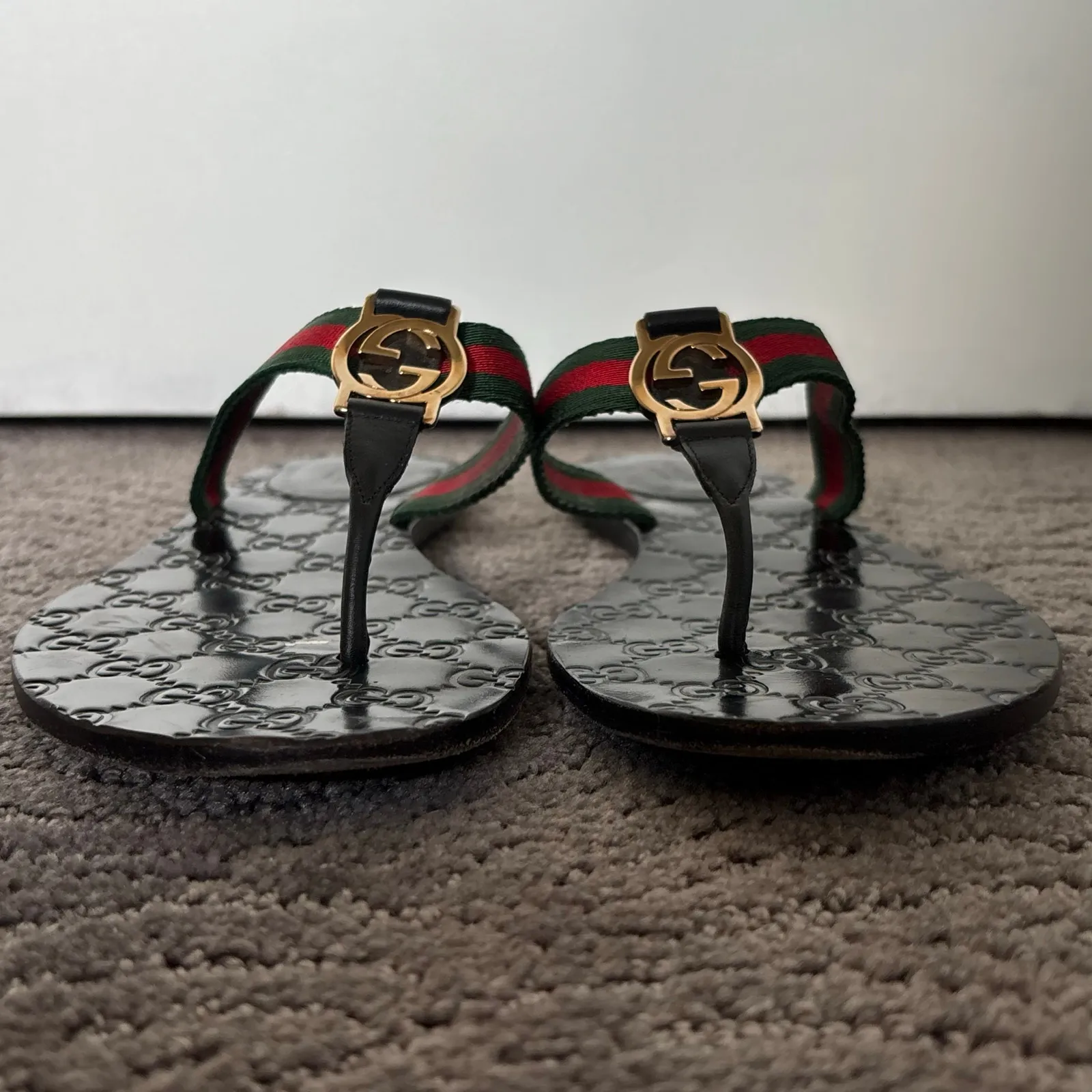 Gucci Interlocking GG Monogram Leather Web Stripe Thong Sandals Black Size 39.5 - Image 9