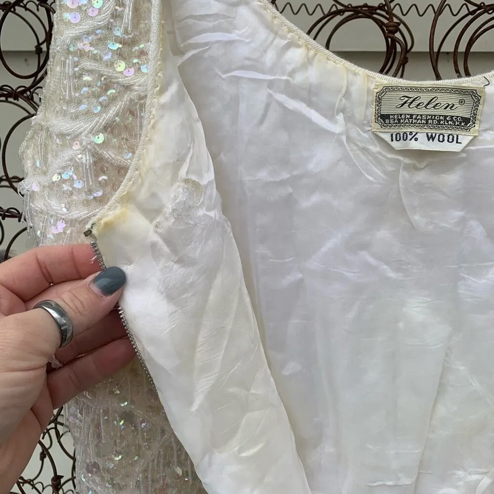 Vintage 60s Helen Fashions 100% wool beaded and sequined cream sleeveless blouse White Size M - Image 7