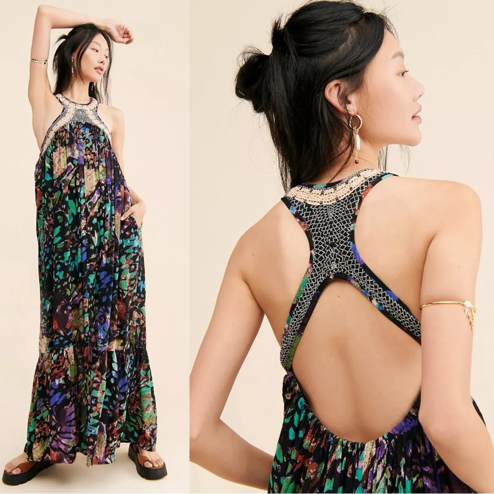 Free People Monarch Maxi Dress Size Large Bohemian Crochet 70s Goddess Halter - Image 4