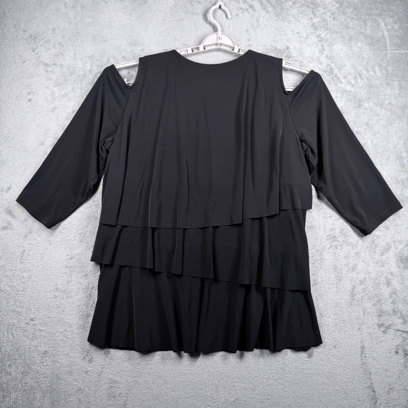 Susan Graver Black Cold Shoulder Tiered Ruffle Blouse Large 3/4 Sleeve Neutral - Image 3