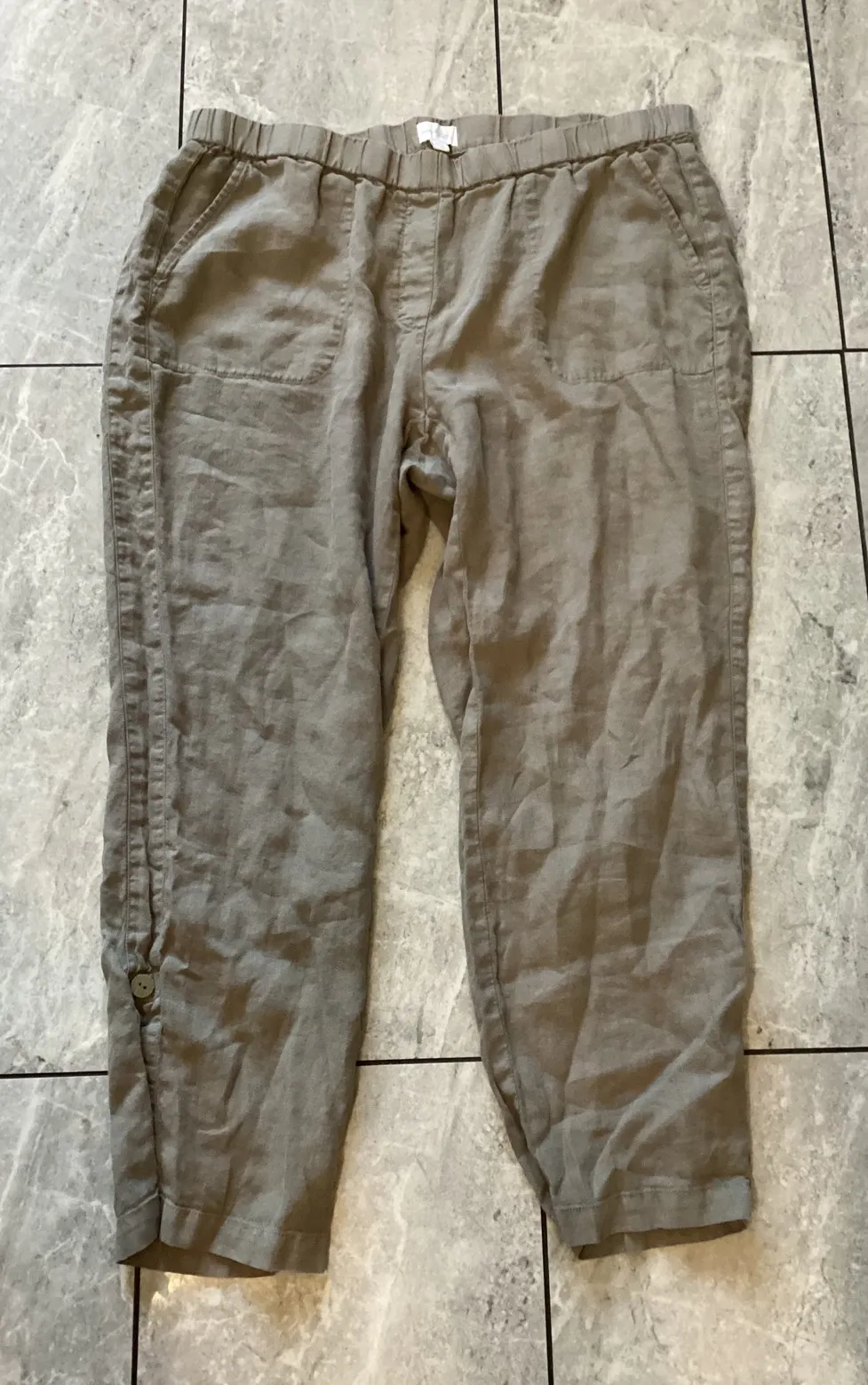 Pure Jill Garment Dyed Linen Cropped Pants Women's XL Beige Elastic Waist Casual Gray - Image 1