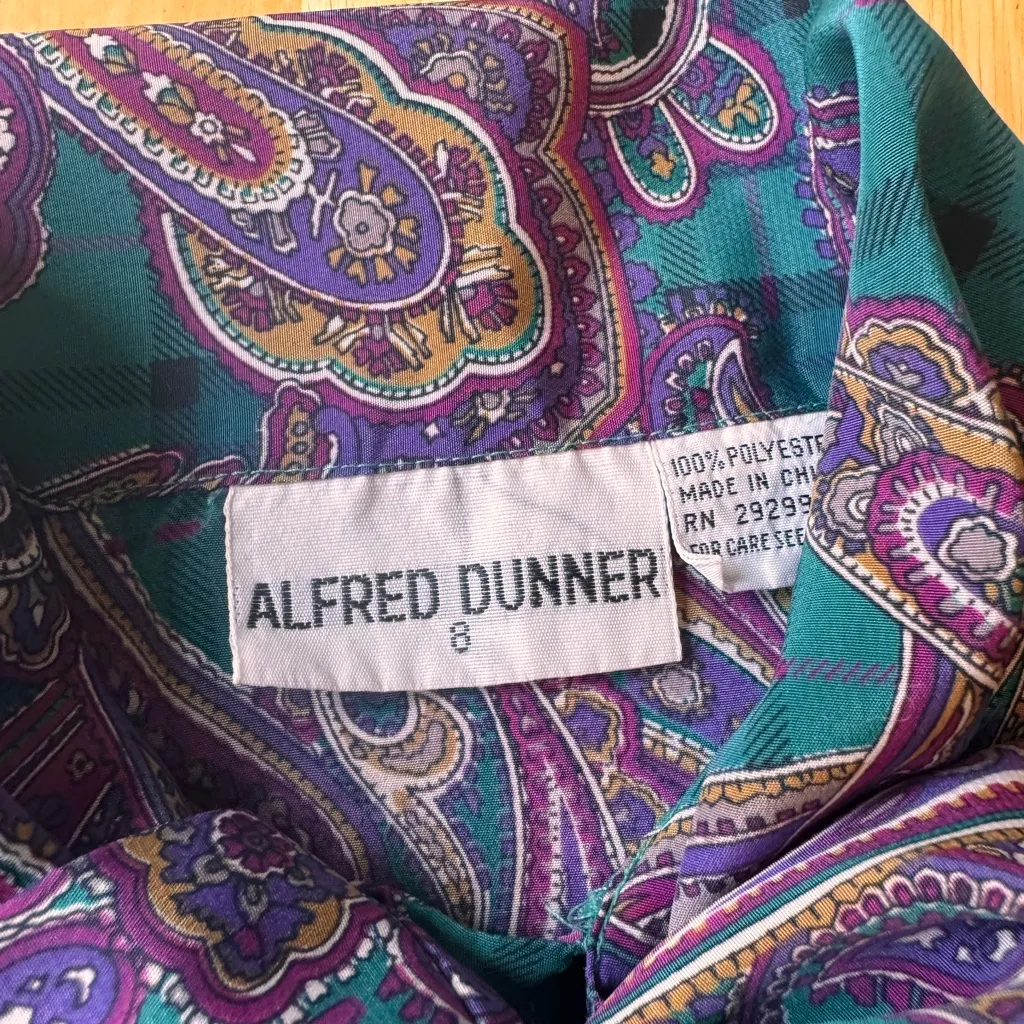 Alfred Dunner Satin Green Purple Paisley Print Bow Tie Blouse Vintage Size 8 EUC - Image 8