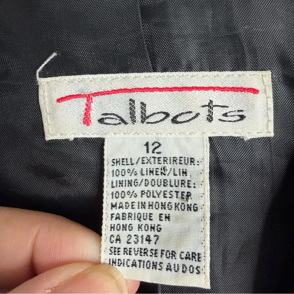 Talbots Vintage Black Linen Blazer One Button w/ Pockets Size 12 Patch Pockets - Image 3