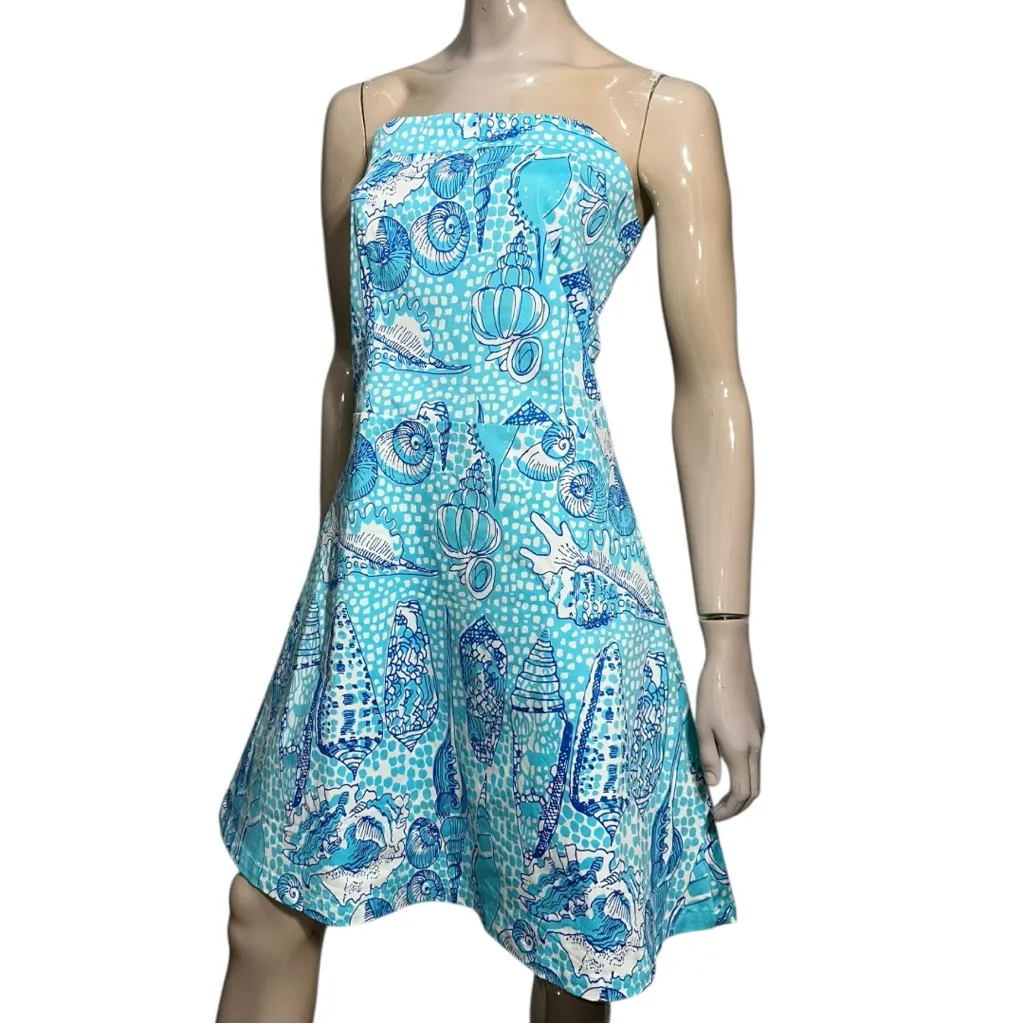 Key West NWT 8 Blue Turquoise White Shell Mosaic Tropical Lucky Strapless Dress - Image 3