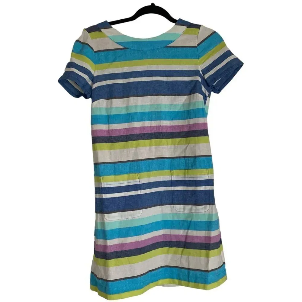 BODEN Verity Multi Striped Day Dress Cotton Blue Spring Size 4 - Image 2