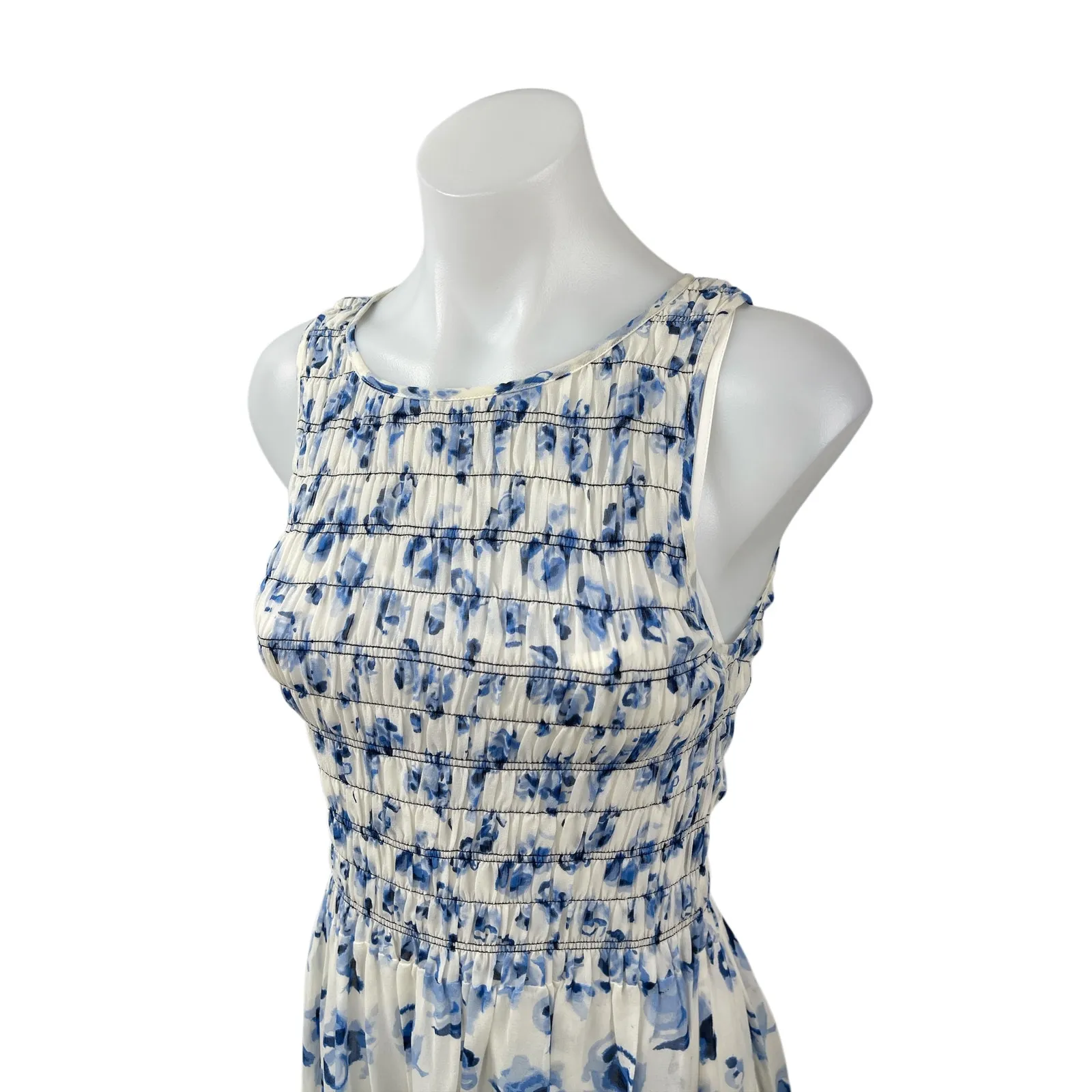 Club Monaco 100% Silk Feleenie Floral Smocked Sleeveless Midi A-Line Dress Sz 4 - Image 3