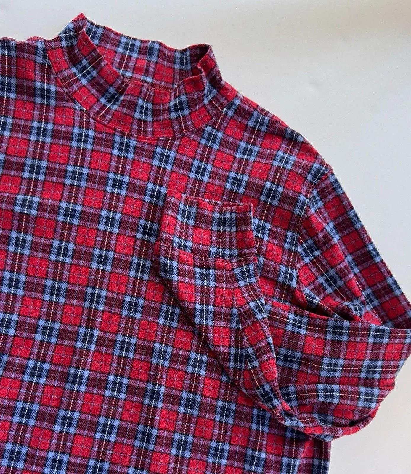 Lands End Top Womens XL Blue Red Tartan Plaid Mock Neck T-Shirt Cotton Pullover - Image 2