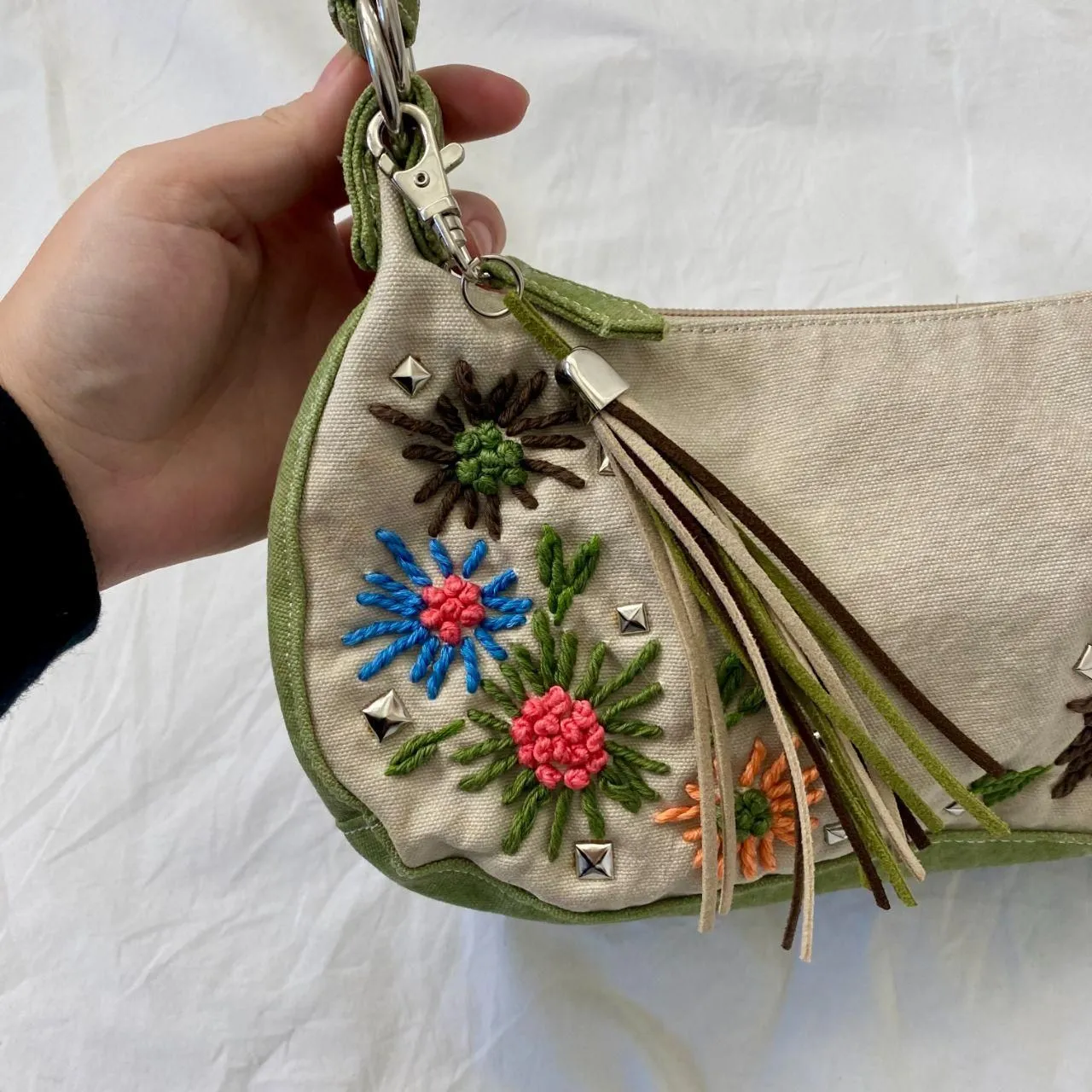 Arizona Early 2000's Whimsygoth Fairy Tan Green Beaded Studded Shoulder Bag - Image 4