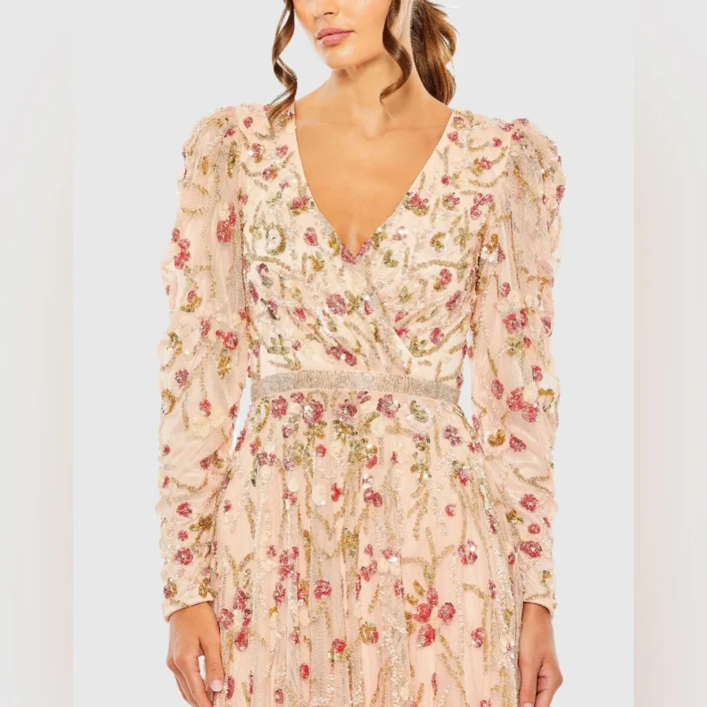 Mac Duggal 5580 Floral Embellished Wrap Over Puff‎ Sleeve A Line Midi Gown 4 NWT - Image 3