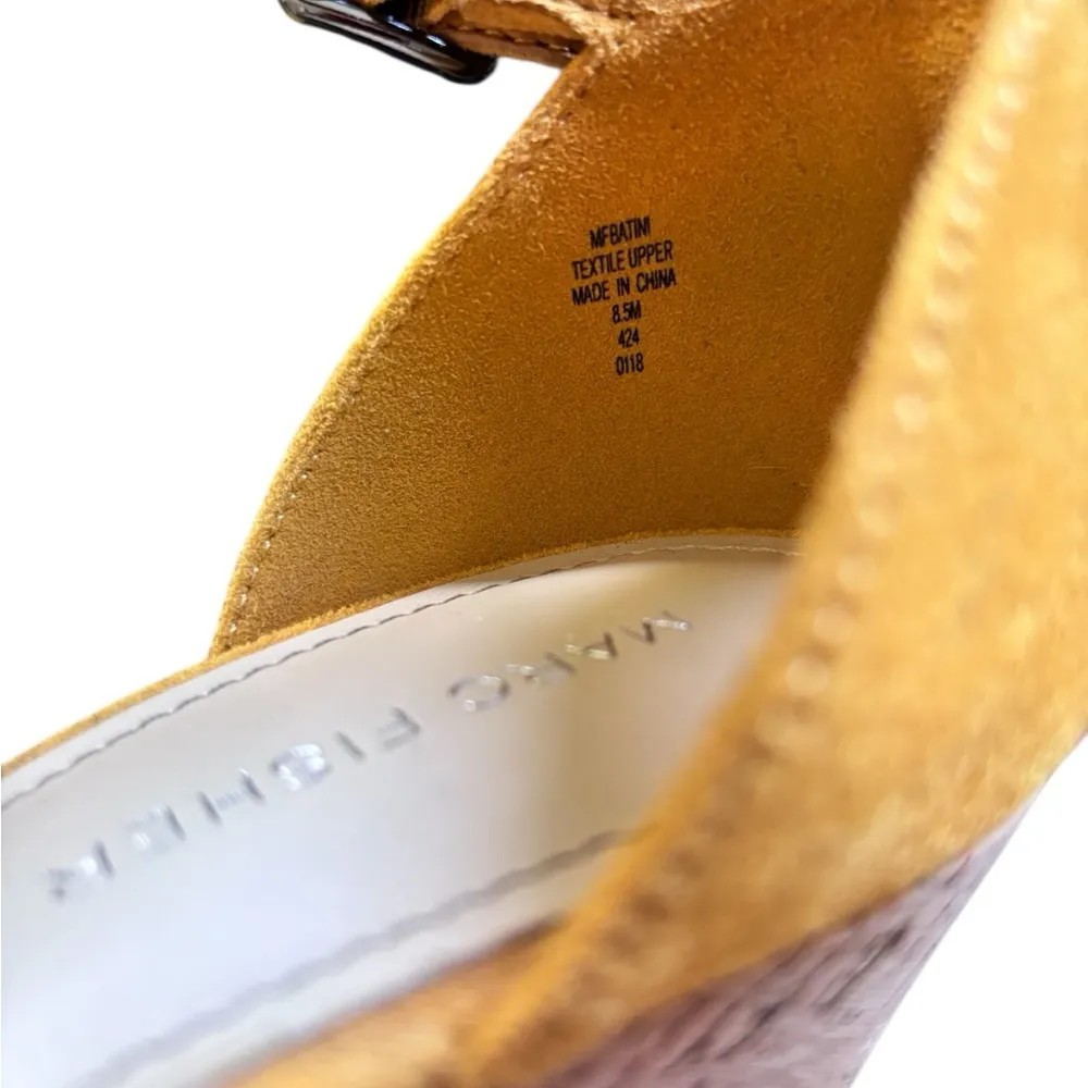 Marc Fisher Batini Sunflower Yellow Faux Suede Lasered Cork Wedge 3.5 Heel 8.5M - Image 7