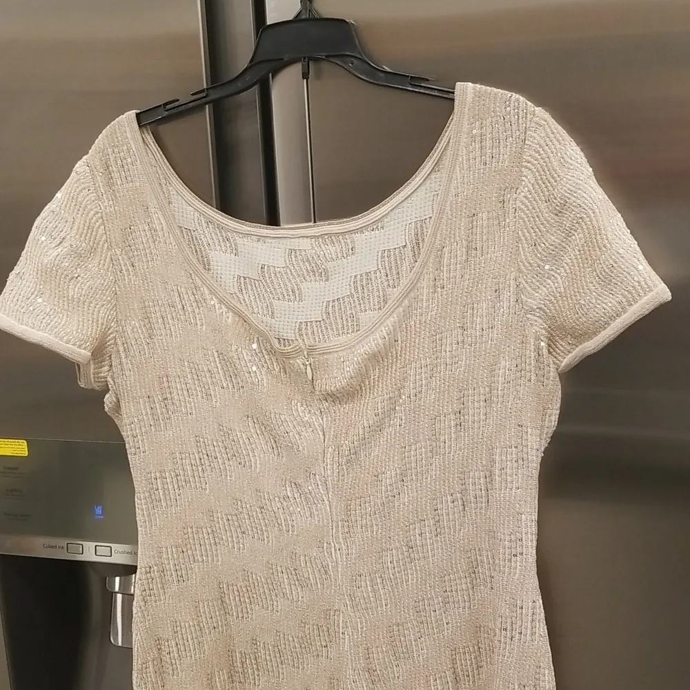 ST JOHN Inlay Sequin Trellis Knit Fit & Flare Dress Cream Metallic Gold 14 NWOT - Image 10