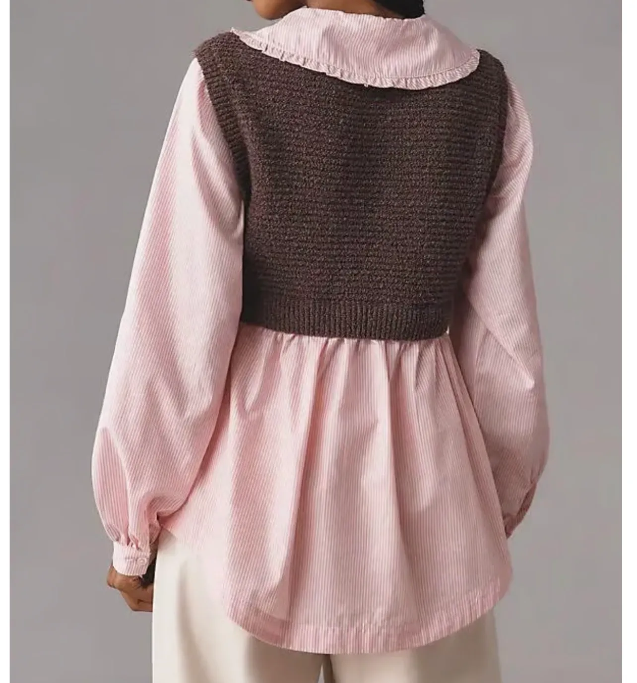 Anthropologie Maeve Layered Sweater Vest Top Medium Women Brown Pink Poplin Knit - Image 10