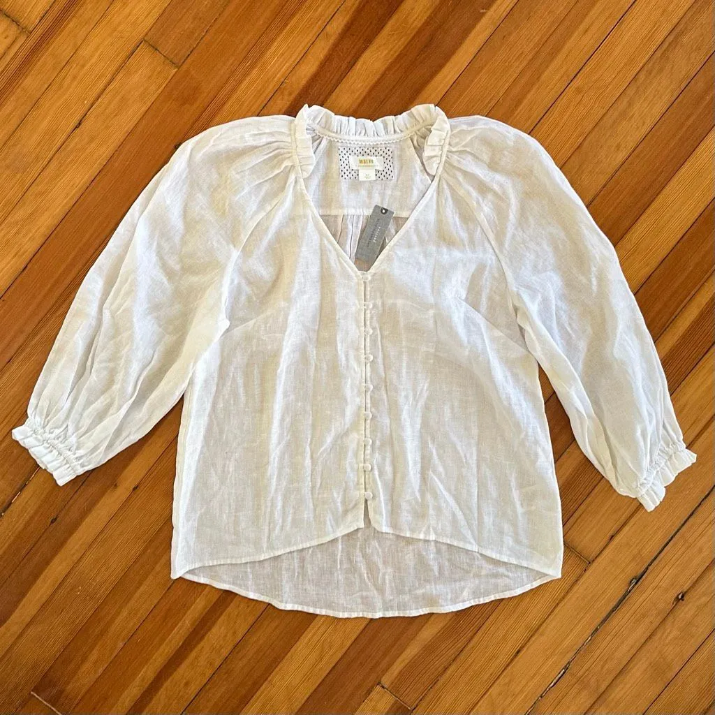 Maeve Anthropologie NWT Audie Linen Puff Sleeve Blouse in White Size M Petite - Image 3