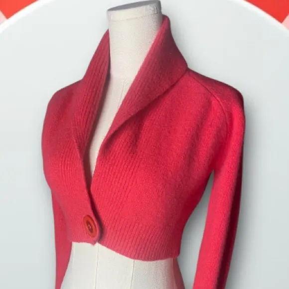 Vtg Benetton Pure New Wool Cropped Coral Cardigan Shawl Collar Bolero 
XS/S - Image 4