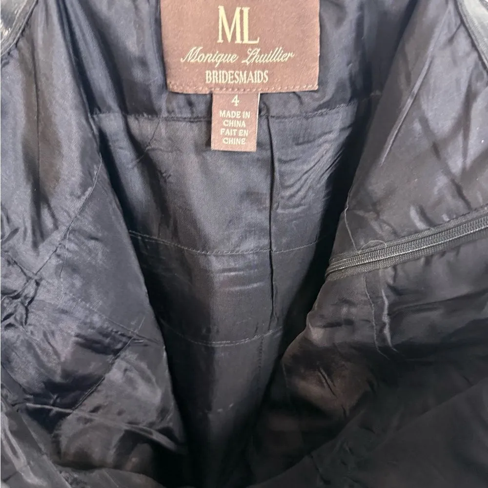 Monique Lhuillier Black Strapless Ruched Chiffon Bridesmaid Cocktail Dress Sz 4 - Image 5