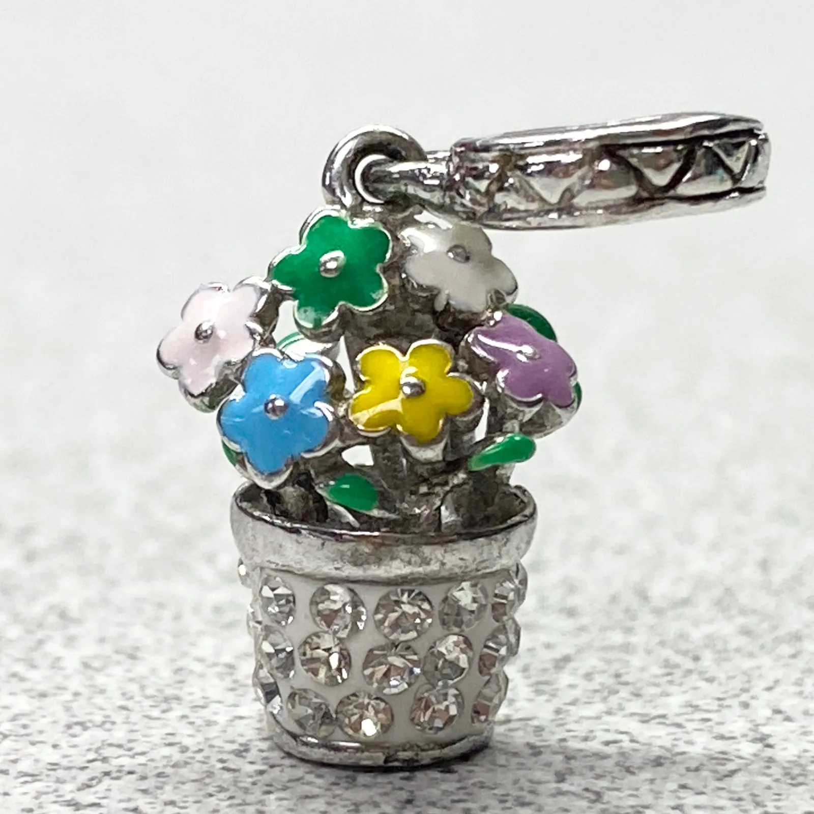 Silver Tone Enamel Crystal Flower Pot Charm Spring Garden Jewelry Making Gift - Image 1