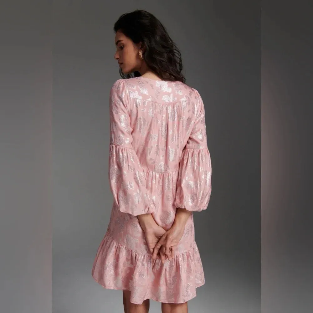 Anthropologie Jolene Jacquard Mini Dress Pink Shimmer Sparkle Puff Sleeve XS NWT - Image 4