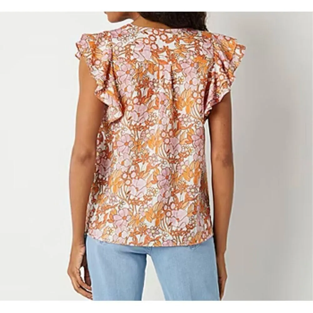 NWT Ryegrass Floral Ruffle Sleeve Button Down Blouse Orange Size L - Image 3