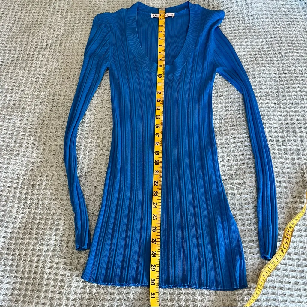 Zara Ribbed Shirt Top Tunic Womens Small Blue Scoop Neck Dress Blouse Bodycon - Image 7