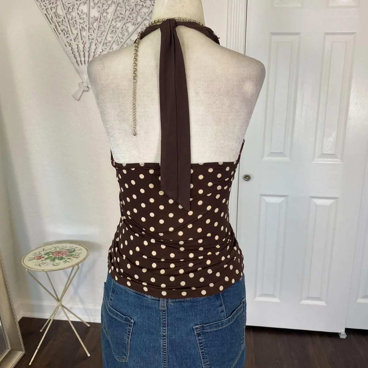 Early 2000's Cinched Soft Brown Cream White Polkadot Babydoll Halter Top M Size M - Image 3