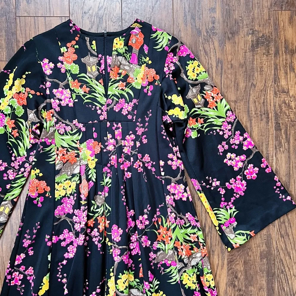 vintage • 70s maxi dress Japanese kimono black floral cherry blossom bell sleeve - Image 3