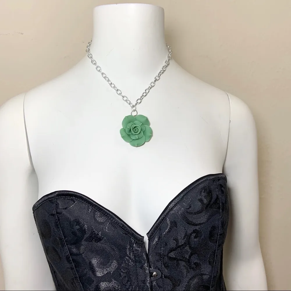 Green Rose Flower Floral Silver Necklace New - Image 12