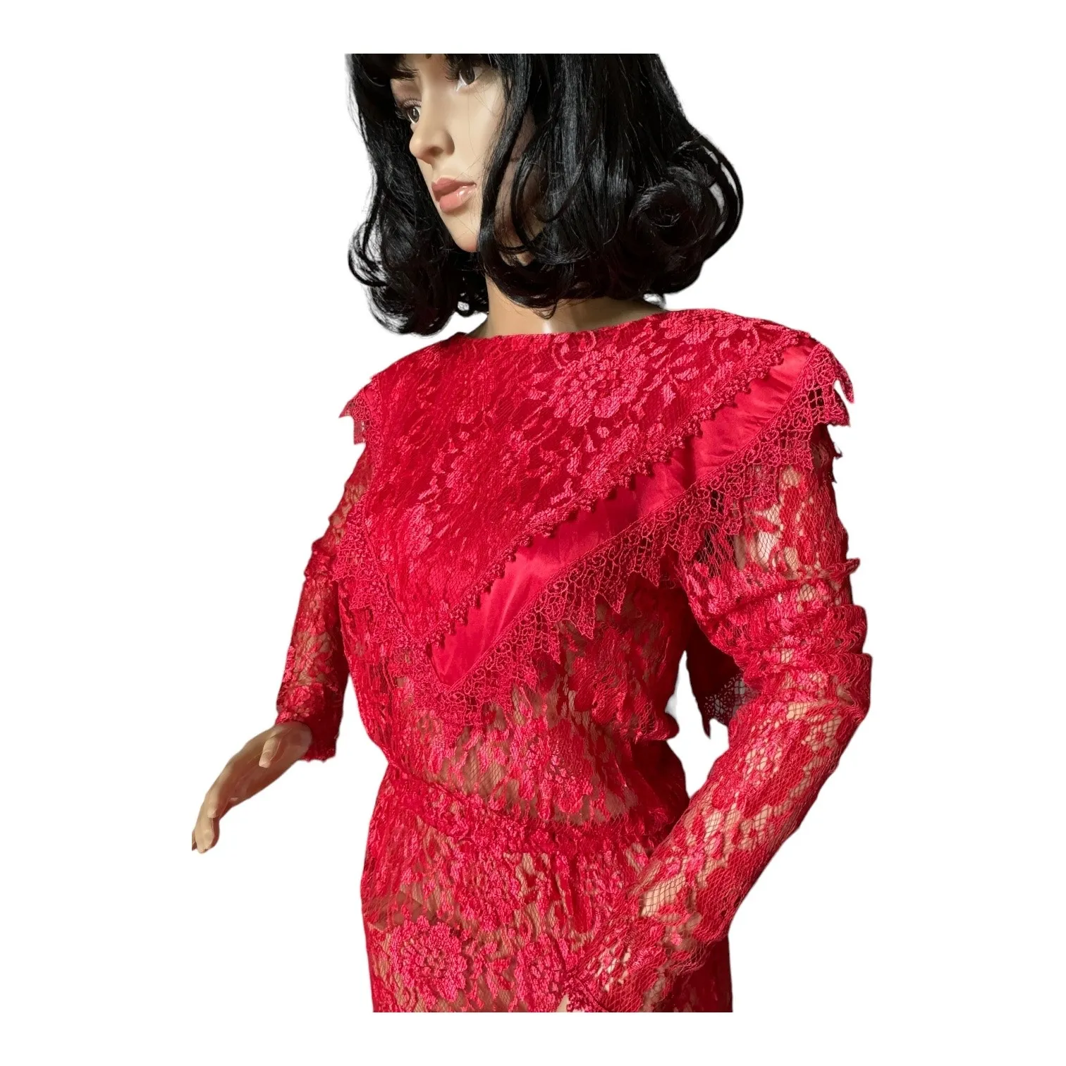 Vintage 1980s Red Lace Art Deco Revival Evening Gown Sheer Maxi Dress  
size XS-S - Image 6