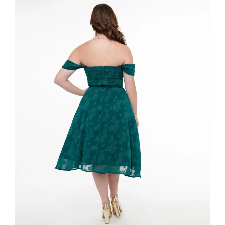 NWT Unique Vintage 1950s Teal Jacquard Off Shoulder Flare Dress Size 2X/18 - Image 2
