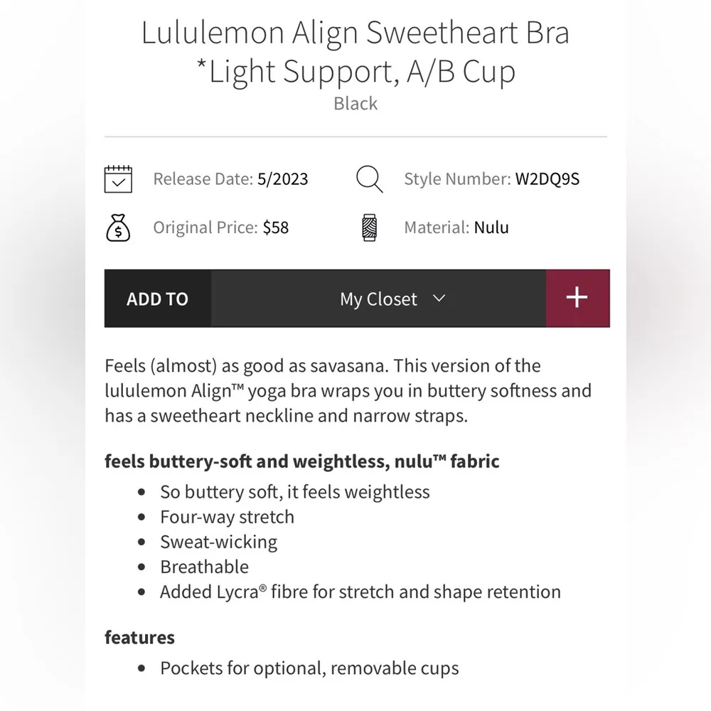 Lululemon NWT Align Sweetheart Bra In Black Size 6 A/B cup removable pads - Image 4