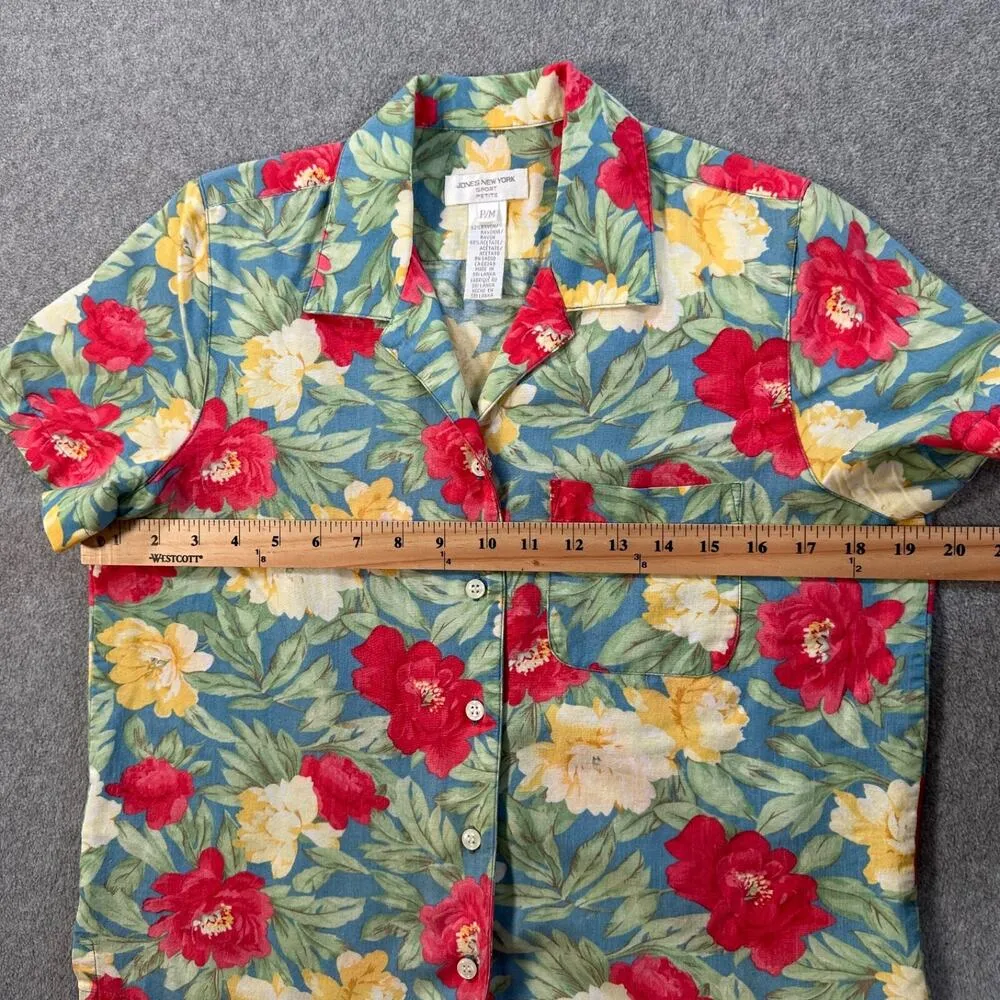 Jones New York Vintage Floral Print Blouse Petite Medium Short Sleeve Red Blue - Image 7