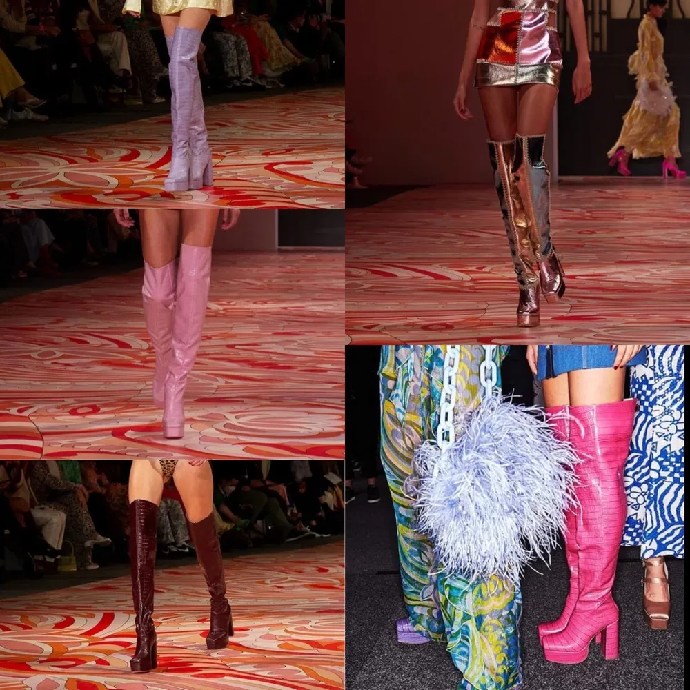 New RARE Alice McCall Discotera Thigh High Croc Embossed Pattern Platform Boots - Image 3