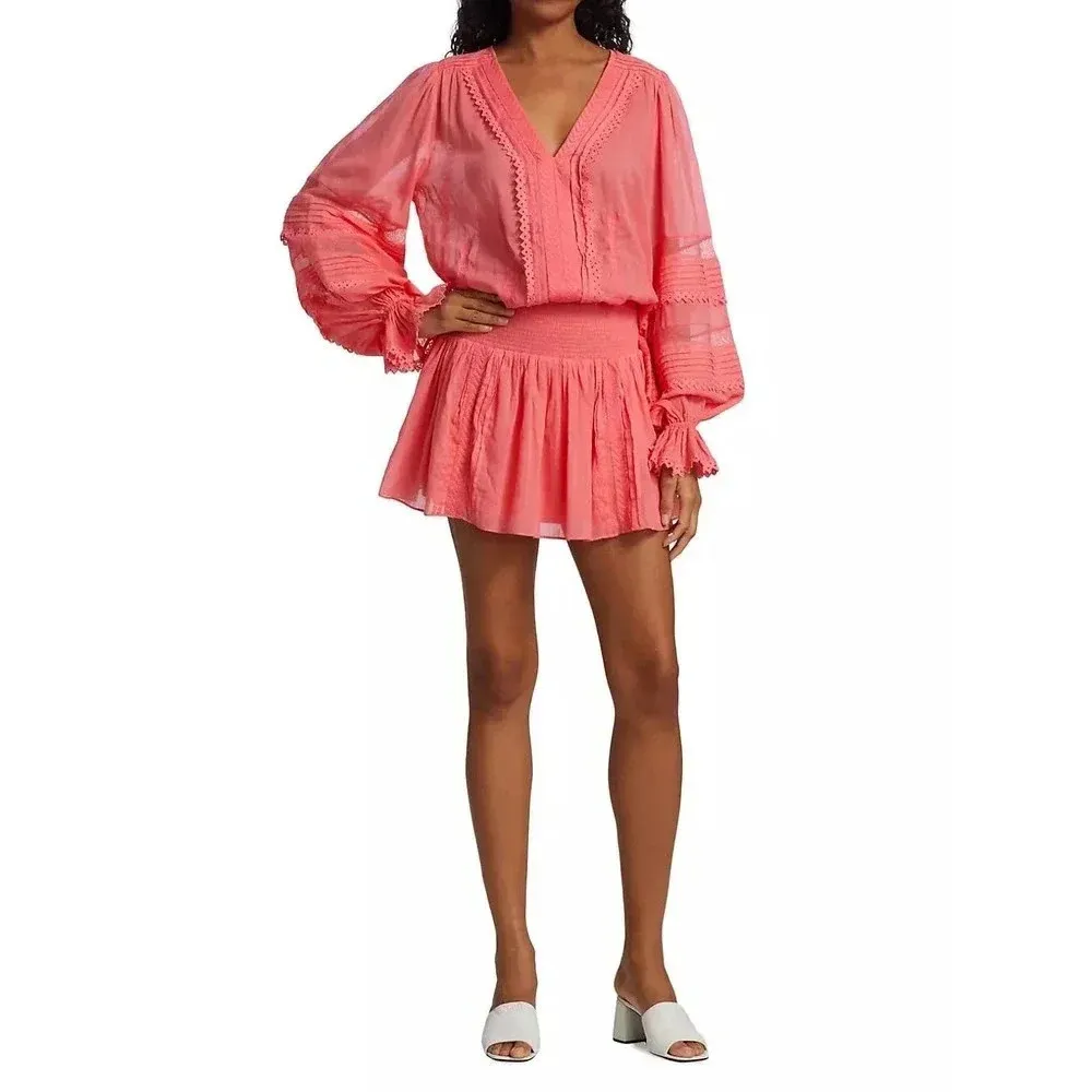 EUC $375 Ramy Brook Patty Patty Crochet-Trim Mini Dress - Long-Sleeve V-Neck - Image 3