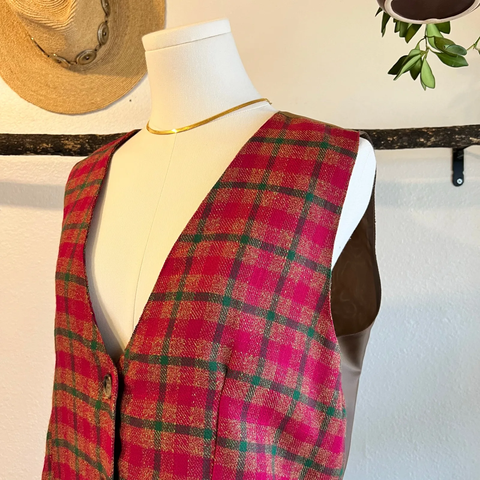 Vintage 90s Pink & Green Plaid Print Button Front Vest Top Size Large USA - Image 11