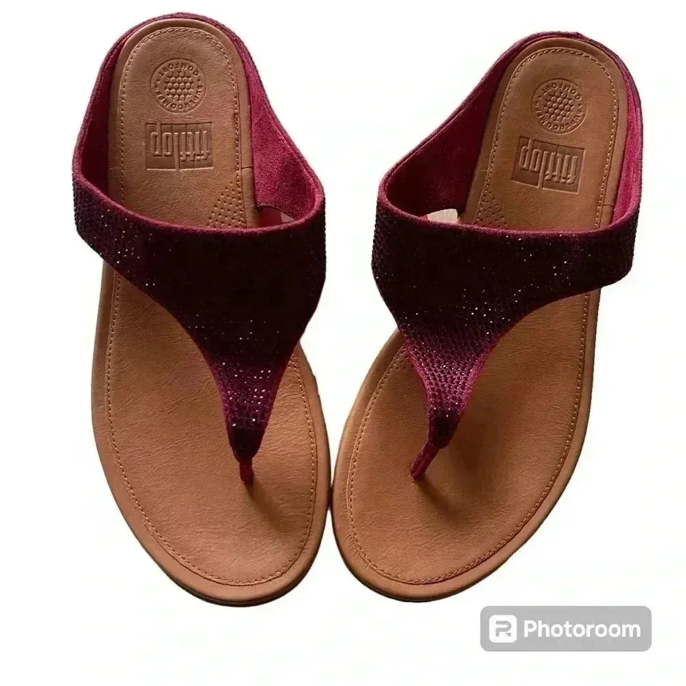 Fitflop Sandals Banda Glitz Thong Wedge Fuschia Pink Rhinestones Womens US 9 - Image 14