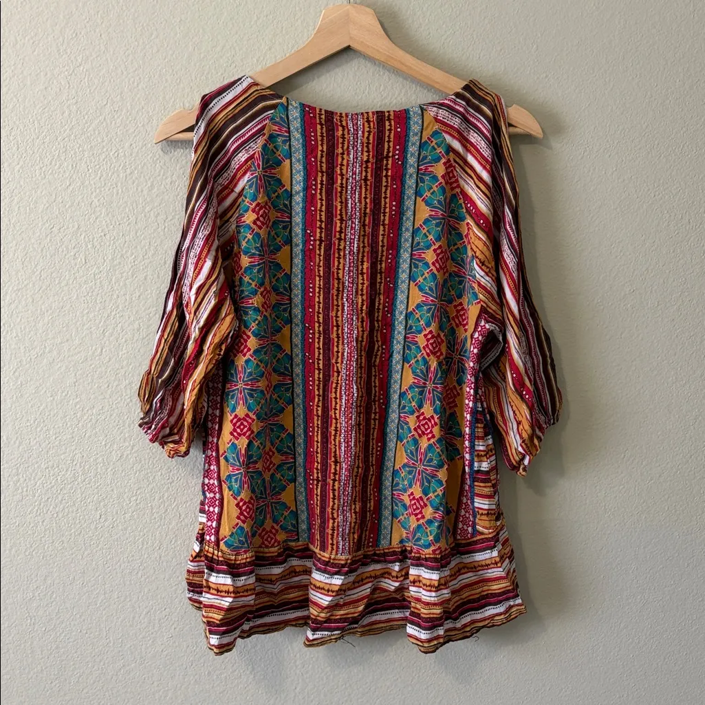 West Kei  Anthropologie Geo Printed Cold Shoulder Top Blouse Size S  Boho - Image 3