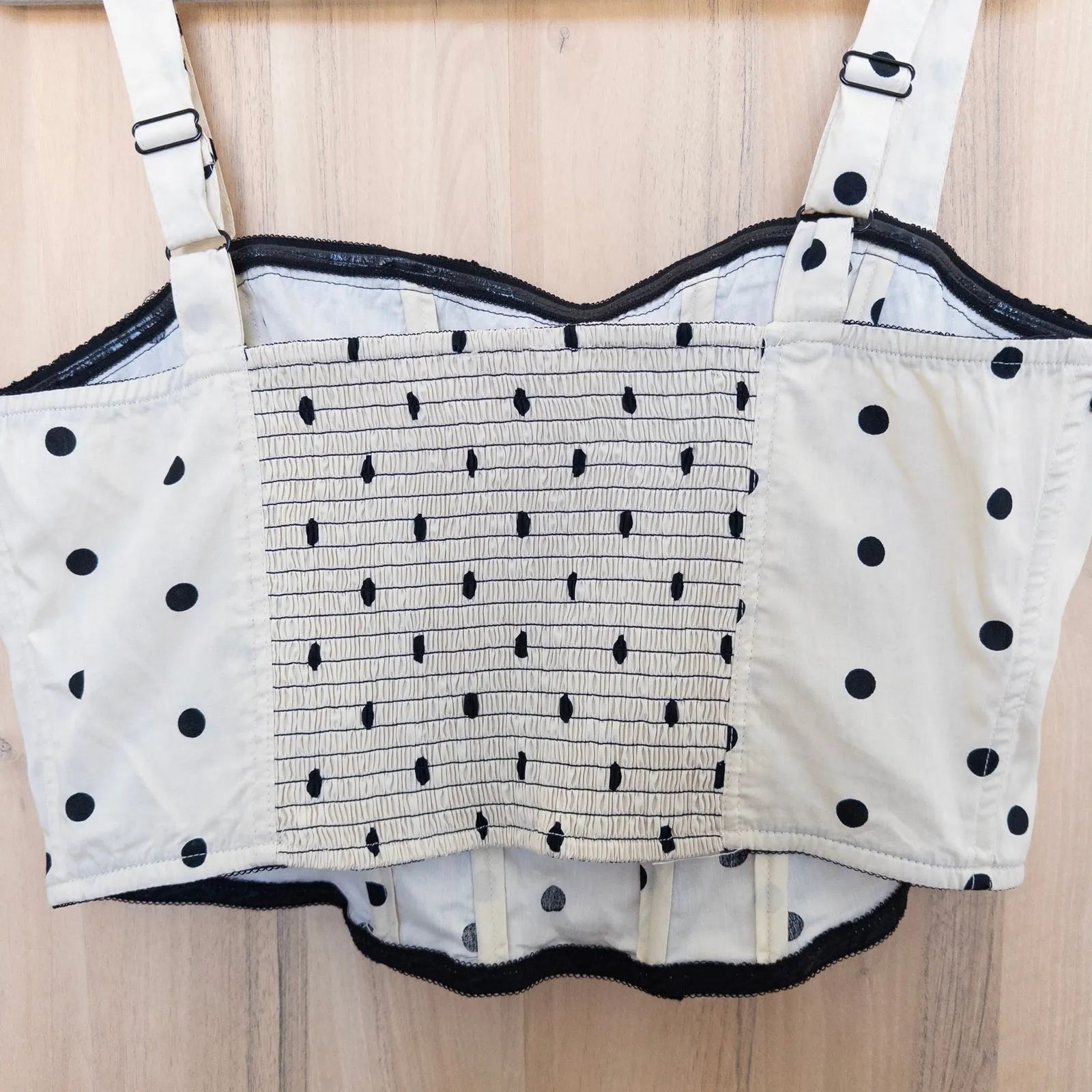 Womens Polka Dot Corset Crop Top Size XL Cream Black Lace Up Retro Y2K Femme - Image 5