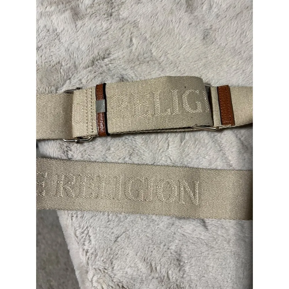 True Religion Tan Crossbody Bag With Gold Logo & Adjustable Canvas Strap - Image 3