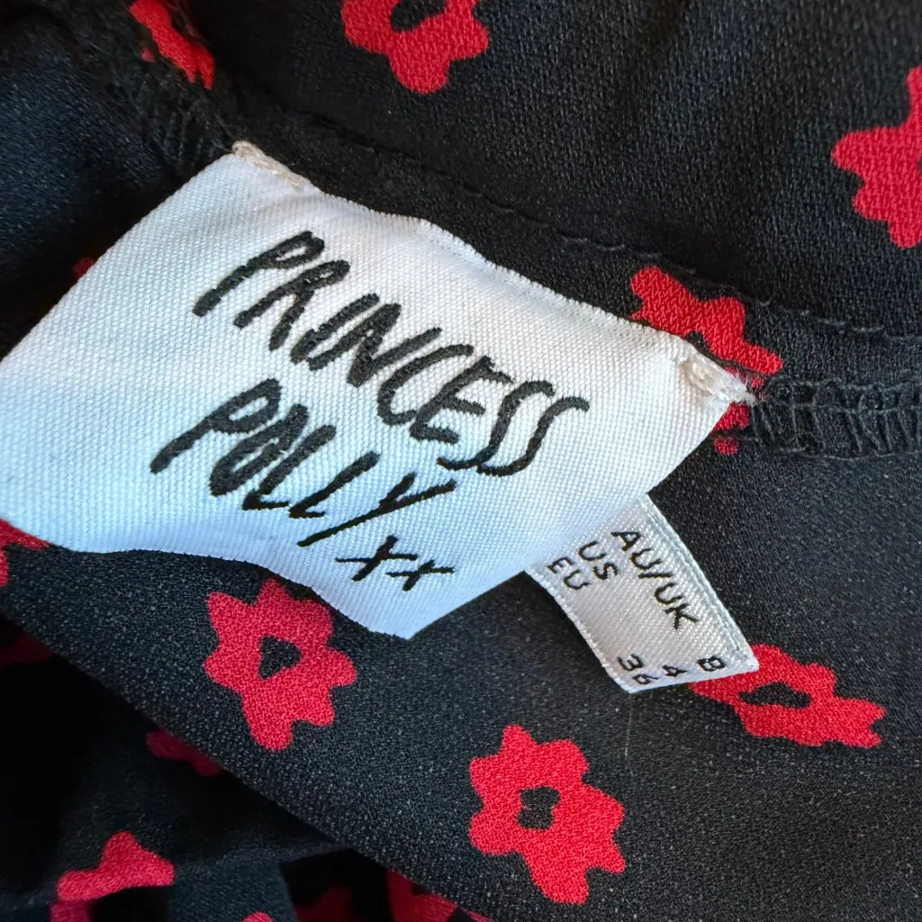 Princess Polly Black Red Floral Print Skirt Midi High Slit Flowy Trendy Size 4 - Image 4