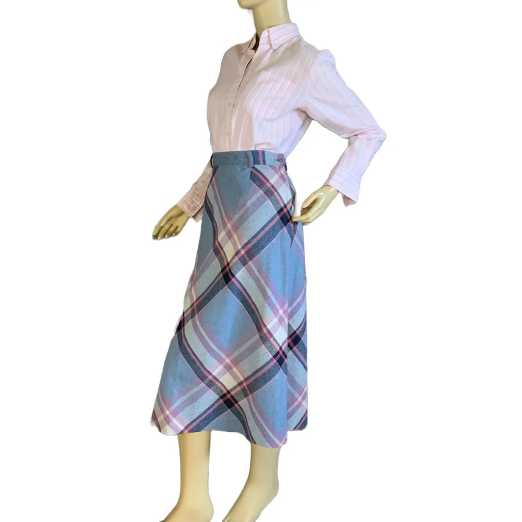 VINTAGE HOMEMADE CIRCA 1980'S BLUE & PINK PLAID MIDI SKIRT (M/L) Multiple Size M - Image 4