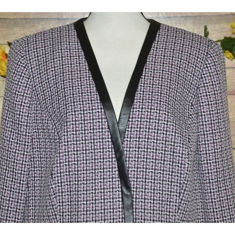 NWT Tahari Arthur Levine 14W Purple Open Tweed Blazer Jacket Faux Leather Trim - Image 2