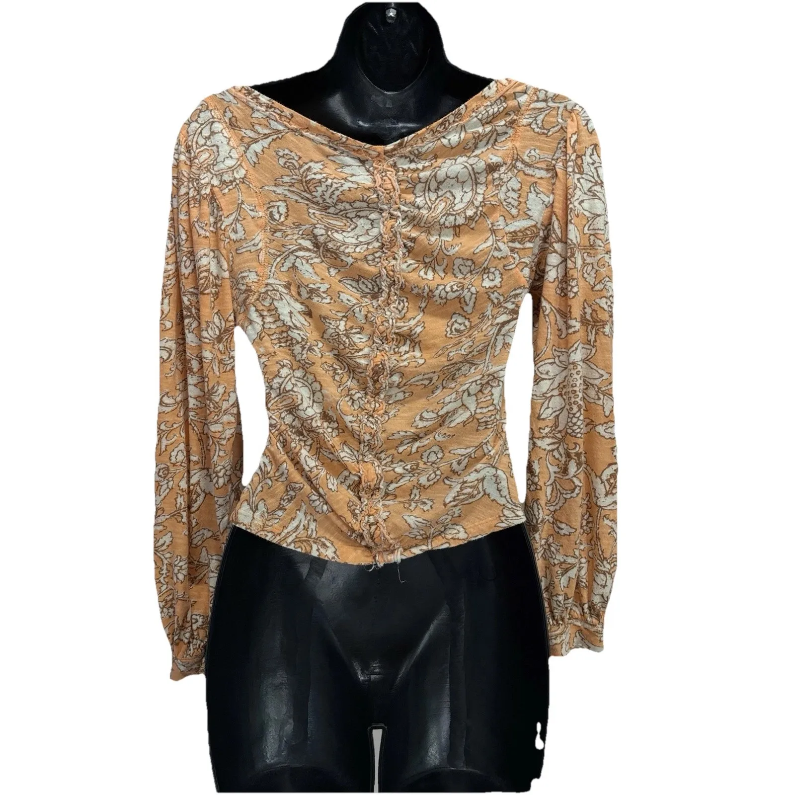 Free‎ People Orange/White Floral Long Sleeve Crop Rouching V Neck Blouse Size XS - Image 4