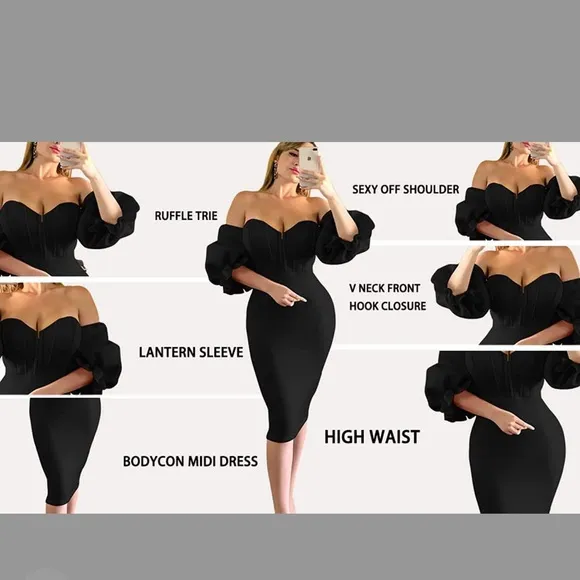 Memoriesea Sexy Off Shoulder Bodycon Lantern Sleeve Front Hook Midi Party Dress Size XL - Image 2