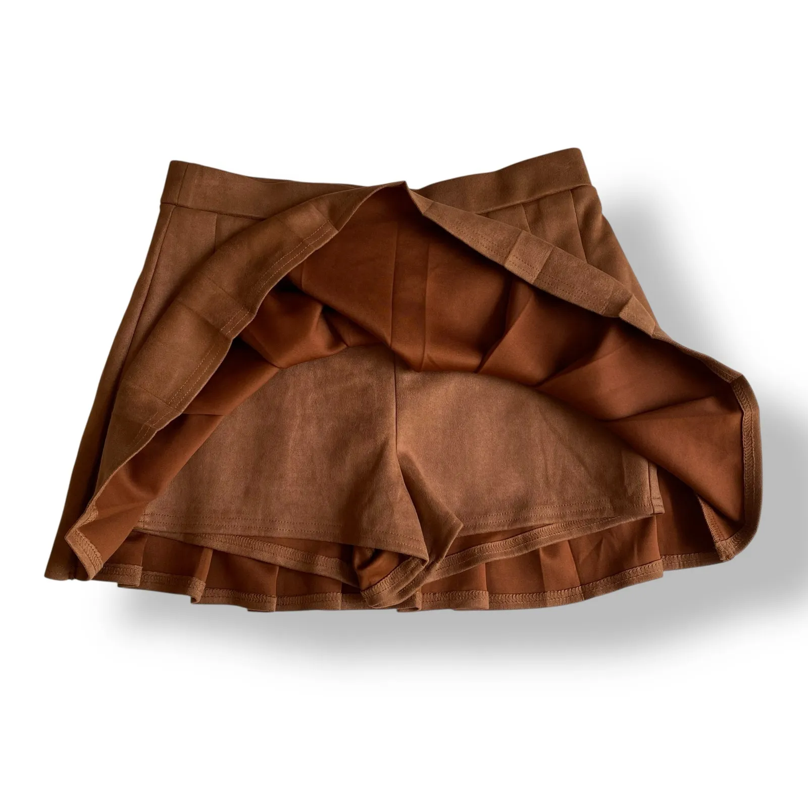 Haute Monde‎ Faux Suede Pleated Mini Skirt Size L Brown Rust Schoolgirl Y2K Fall - Image 7
