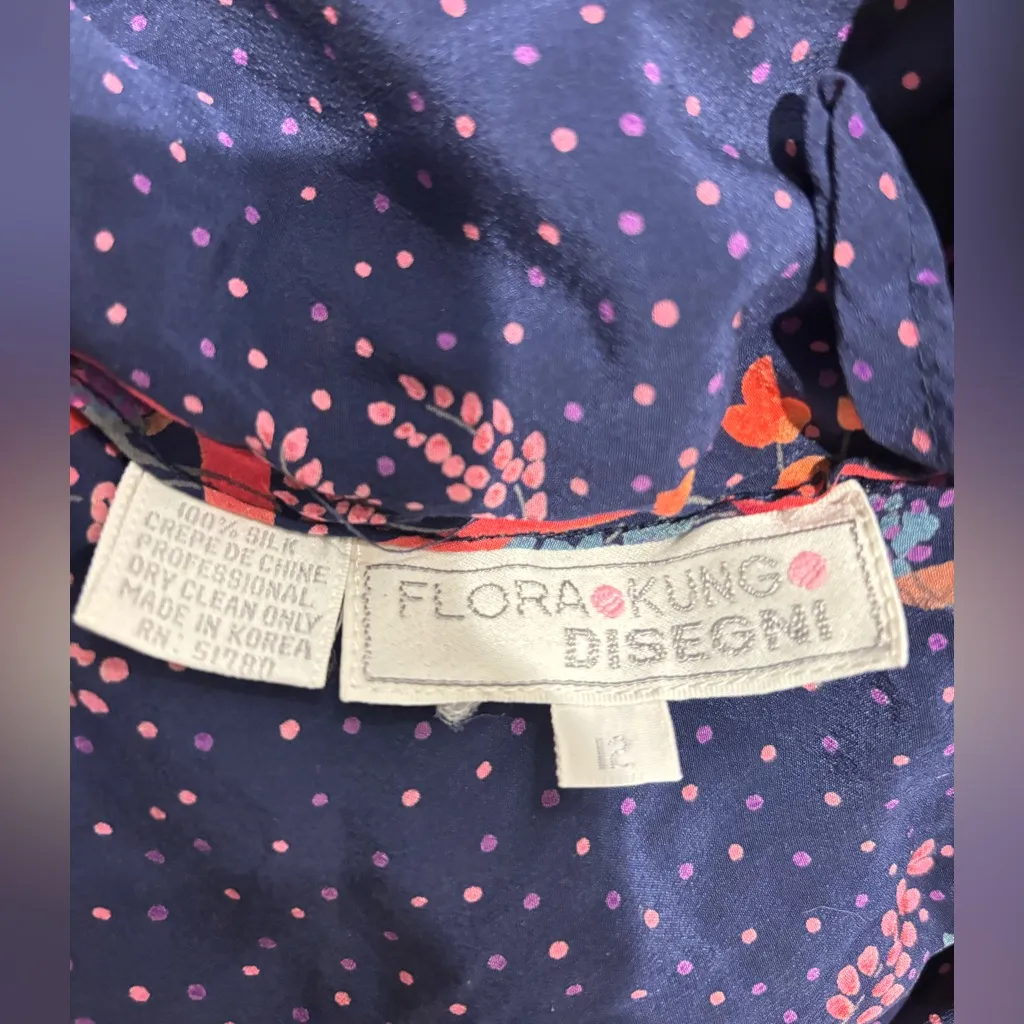 FLORA KUNG Vintage Blue Red Silk L/S Puff Shoulder Blouse & Skirt 4 - Image 7