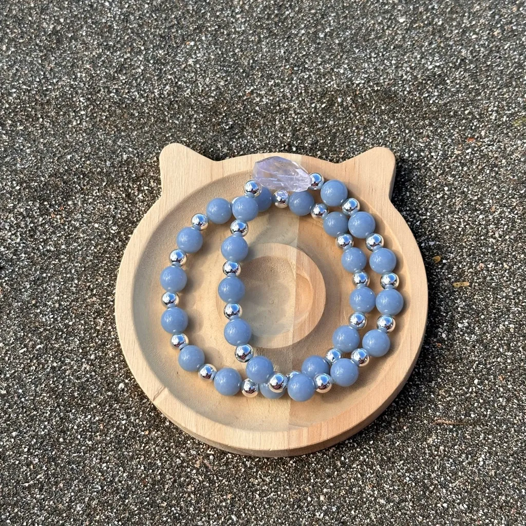 B91. Angelite & Faceted Lilac Amethyst Nugget w/ .925 SS Beaded Bracelet Blue - Image 3